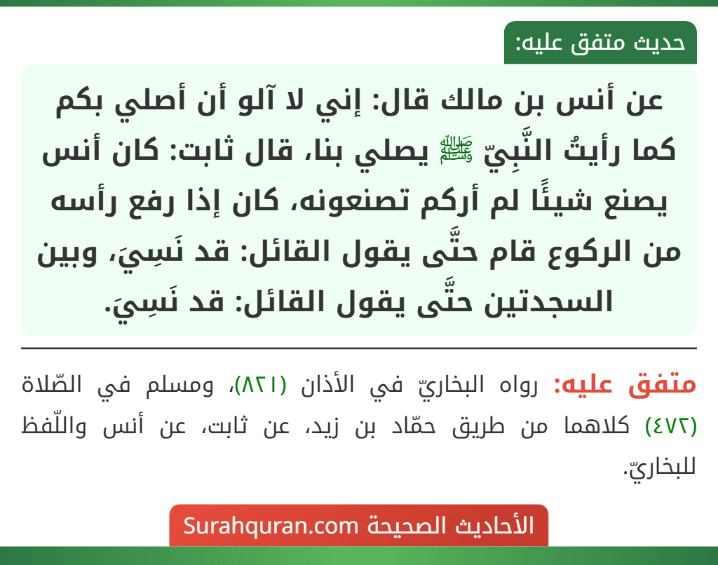 عن أنس بن مالك قال: إني لا آلو أن أصلي بكم كما رأيتُ النَّبِيّ ﷺ يصلي بنا، قال ثابت: كان أنس يصنع شيئًا لم أركم تصنعونه، كان إذا رفع رأسه من الركوع قام حتَّى يقول القائل: قد نَسِيَ، وبين السجدتين حتَّى يقول القائل: قد نَسِيَ.