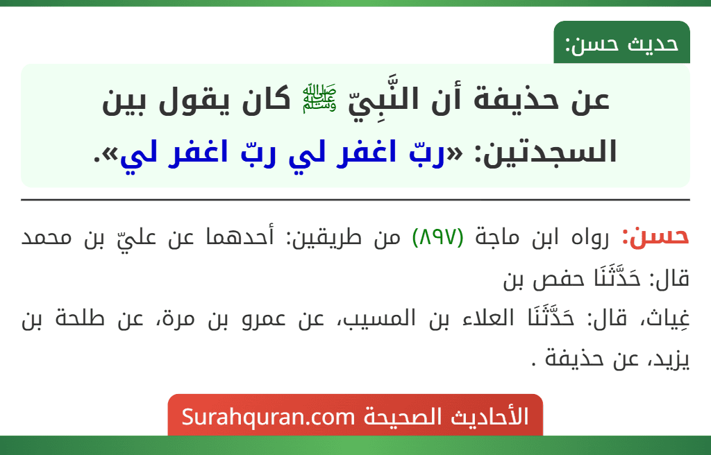 عن حذيفة أن النَّبِيّ ﷺ كان يقول بين السجدتين: «ربّ اغفر لي ربّ اغفر لي».