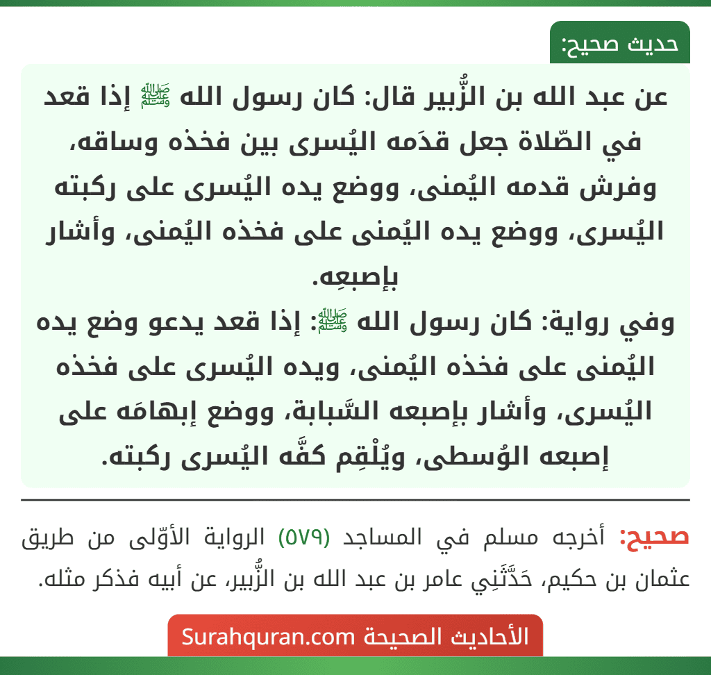 عن عبد الله بن الزُّبير قال: كان رسول الله ﷺ إذا قعد في الصّلاة جعل قدَمه اليُسرى بين فخذه وساقه، وفرش قدمه اليُمنى، ووضع يده اليُسرى على ركبته اليُسرى، ووضع يده اليُمنى على فخذه اليُمنى، وأشار بإصبعِه.
وفي رواية: كان رسول الله ﷺ: إذا قعد يدعو وضع يده اليُمنى على فخذه اليُمنى، ويده اليُسرى على فخذه اليُسرى، وأشار بإصبعه السَّبابة، ووضع إبهامَه على إصبعه الوُسطى، ويُلْقِم كفَّه اليُسرى ركبته.