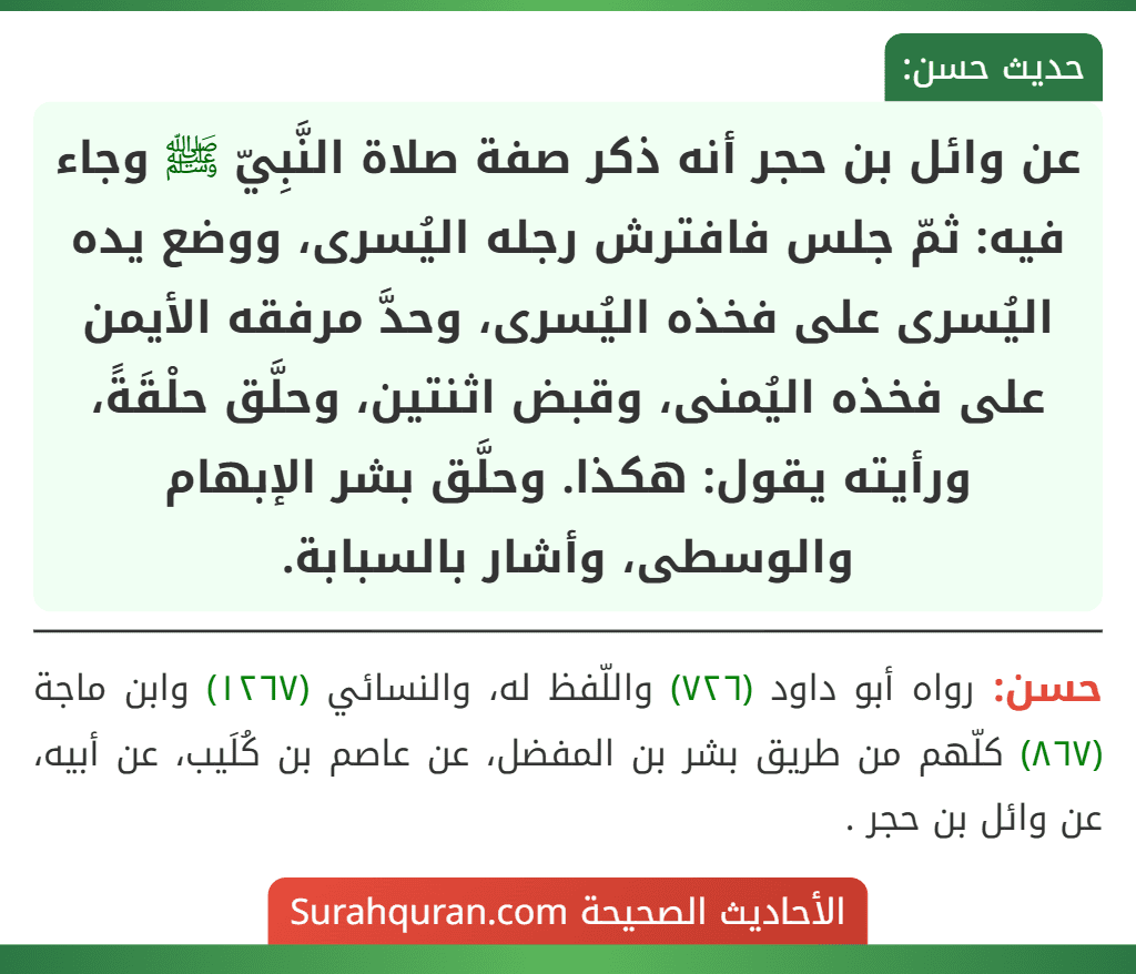 عن وائل بن حجر أنه ذكر صفة صلاة النَّبِيّ ﷺ وجاء فيه: ثمّ جلس فافترش رجله اليُسرى، ووضع يده اليُسرى على فخذه اليُسرى، وحدَّ مرفقه الأيمن على فخذه اليُمنى، وقبض اثنتين، وحلَّق حلْقَةً، ورأيته يقول: هكذا. وحلَّق بشر الإبهام والوسطى، وأشار بالسبابة.