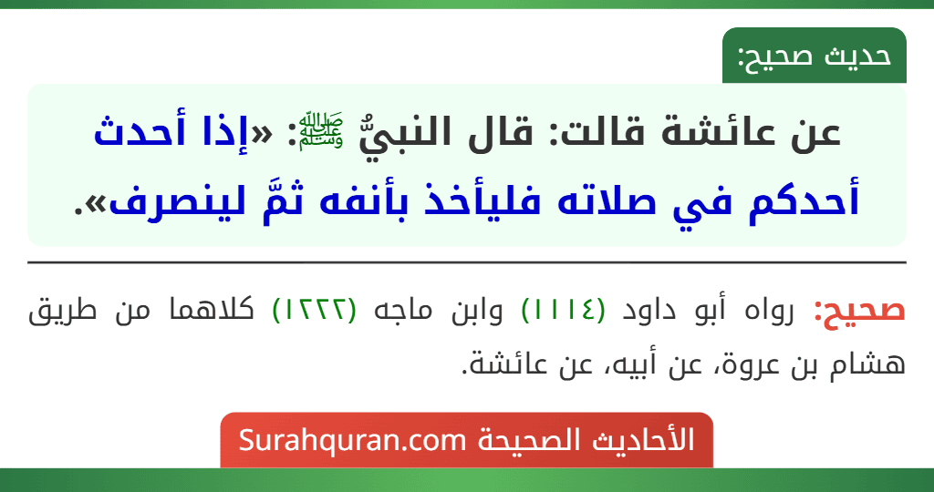 عن عائشة قالت: قال النبيُّ ﷺ: «إذا أحدث أحدكم في صلاته فليأخذ بأنفه ثمَّ لينصرف». عن عائشة قالت: قال النبيُّ ﷺ: «إذا أحدث أحدكم في صلاته فليأخذ بأنفه ثمَّ لينصرف».