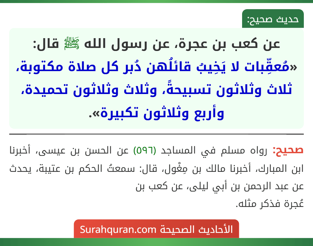 عن كعب بن عجرة، عن رسول الله ﷺ قال: «مُعقِّبات لا يَخِيبُ قائلُهن دُبر كل صلاة مكتوبة، ثلاث وثلاثون تسبيحةً، وثلاث وثلاثون تحميدة، وأربع وثلاثون تكبيرة».