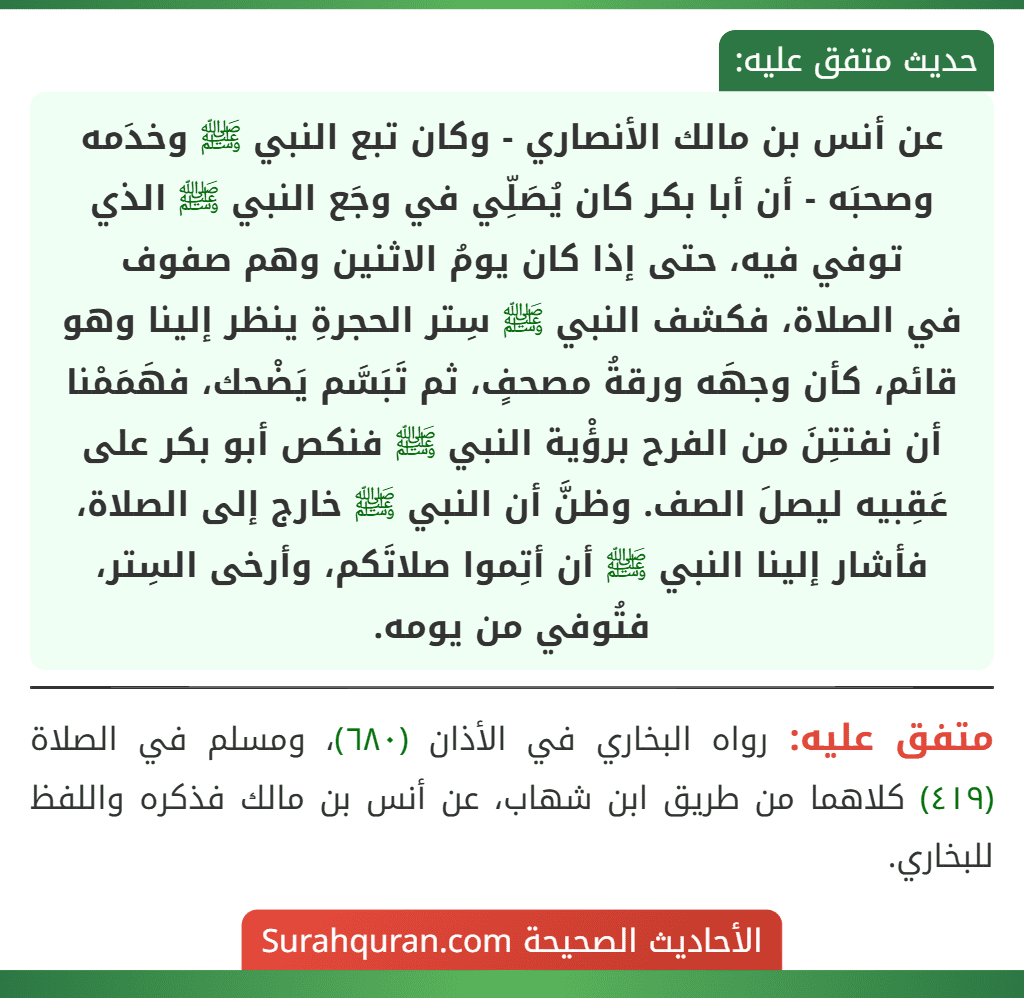 عن أنس بن مالك الأنصاري - وكان تبع النبي ﷺ وخدَمه وصحبَه - أن أبا بكر كان يُصَلِّي في وجَع النبي ﷺ الذي توفي فيه، حتى إذا كان يومُ الاثنين وهم صفوف
في الصلاة، فكشف النبي ﷺ سِتر الحجرةِ ينظر إلينا وهو قائم، كأن وجهَه ورقةُ مصحفٍ، ثم تَبَسَّم يَضْحك، فهَمَمْنا أن نفتتِنَ من الفرح برؤْية النبي ﷺ فنكص أبو بكر على عَقِبيه ليصلَ الصف. وظنَّ أن النبي ﷺ خارج إلى الصلاة، فأشار إلينا النبي ﷺ أن أتِموا صلاتَكم، وأرخى السِتر، فتُوفي من يومه.