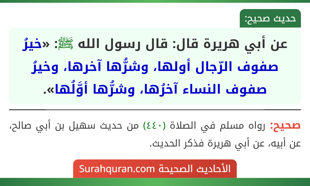 عن أبي هريرة قال: قال رسول الله ﷺ: «خيرُ صفوف الرّجال أولها، وشرُّها آخرها، وخيرُ صفوف النساء آخرُها، وشرُّها أوَّلُها».