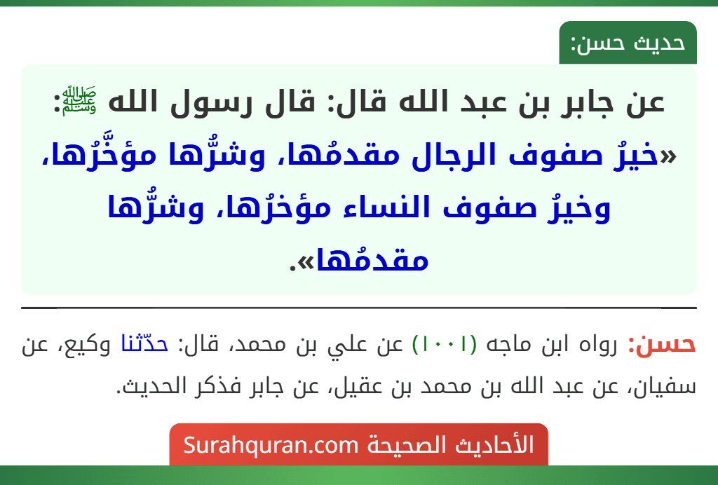 عن جابر بن عبد الله قال: قال رسول الله ﷺ: «خيرُ صفوف الرجال مقدمُها، وشرُّها مؤخَّرُها، وخيرُ صفوف النساء مؤخرُها، وشرُّها مقدمُها».