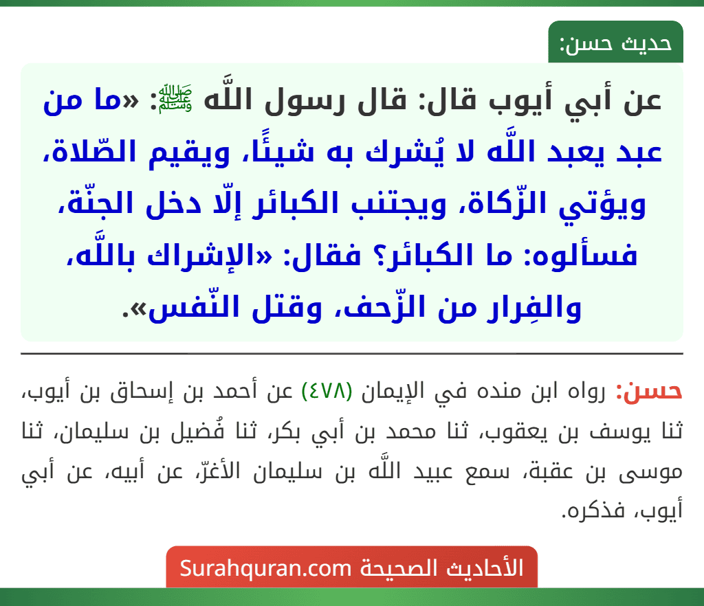 عن أبي أيوب قال: قال رسول اللَّه ﷺ: «ما من عبد يعبد اللَّه لا يُشرك به شيئًا، ويقيم الصّلاة، ويؤتي الزّكاة، ويجتنب الكبائر إلّا دخل الجنّة، فسألوه: ما الكبائر؟ فقال: «الإشراك باللَّه، والفِرار من الزّحف، وقتل النّفس». عن أبي أيوب قال: قال رسول اللَّه ﷺ: «ما من عبد يعبد اللَّه لا يُشرك به شيئًا، ويقيم الصّلاة، ويؤتي الزّكاة، ويجتنب الكبائر إلّا دخل الجنّة، فسألوه: ما الكبائر؟ فقال: «الإشراك باللَّه، والفِرار من الزّحف، وقتل النّفس».
