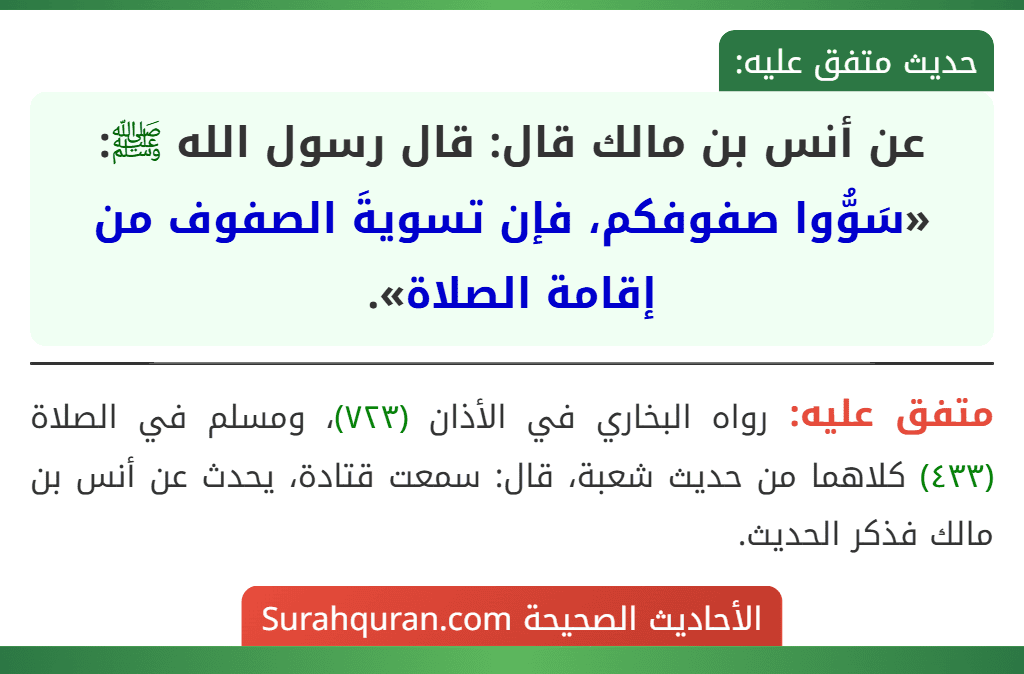 عن أنس بن مالك قال: قال رسول الله ﷺ: «سَوُّوا صفوفكم، فإن تسويةَ الصفوف من إقامة الصلاة».