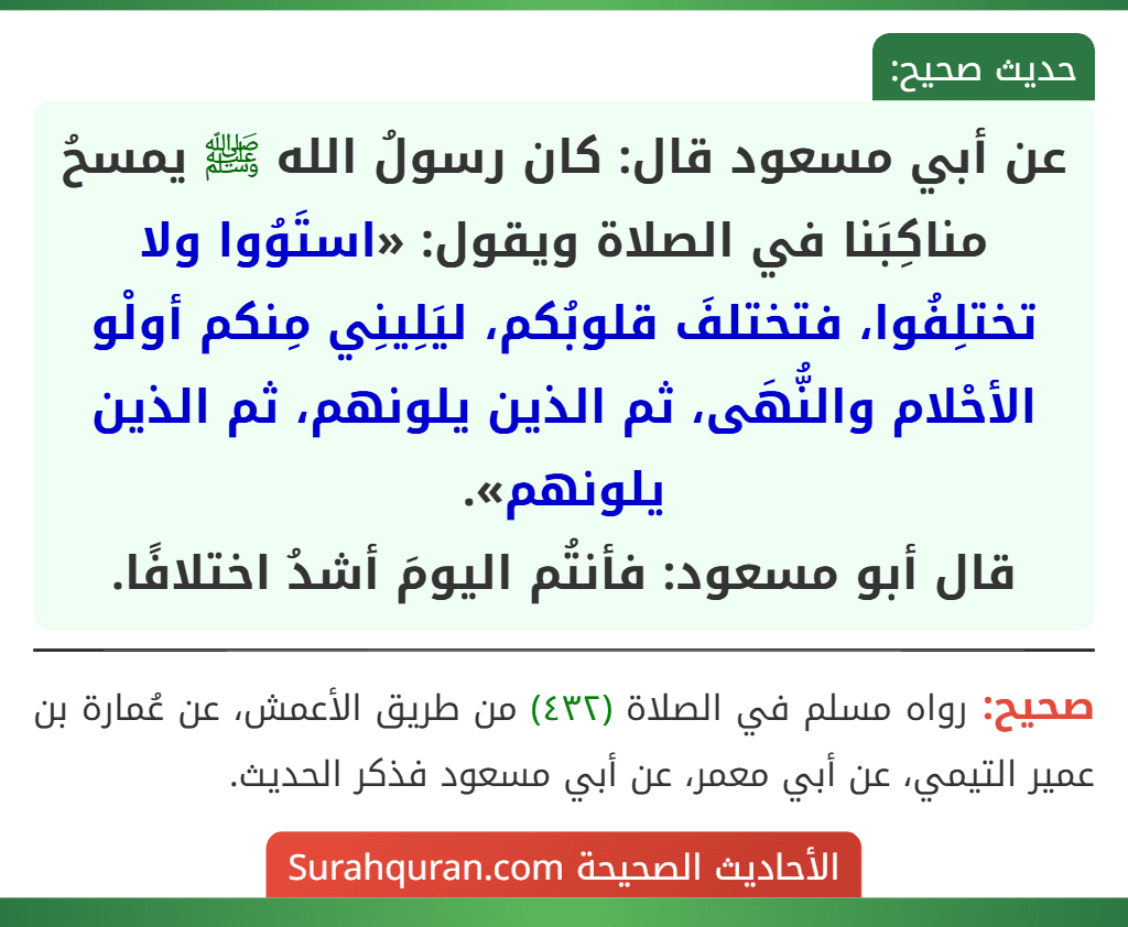 عن أبي مسعود قال: كان رسولُ الله ﷺ يمسحُ مناكِبَنا في الصلاة ويقول: «استَوُوا ولا تختلِفُوا، فتختلفَ قلوبُكم، ليَلِينِي مِنكم أولْو الأحْلام والنُّهَى، ثم الذين يلونهم، ثم الذين يلونهم».
قال أبو مسعود: فأنتُم اليومَ أشدُ اختلافًا.