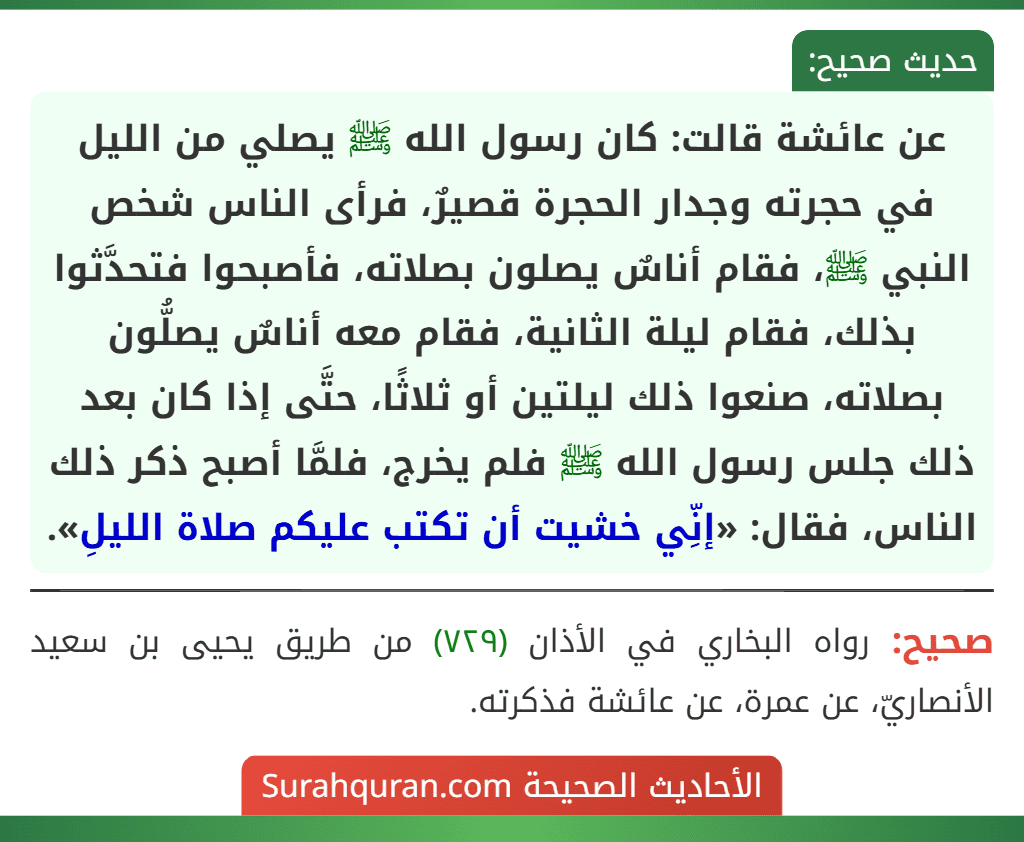 عن عائشة قالت: كان رسول الله ﷺ يصلي من الليل في حجرته وجدار الحجرة قصيرٌ، فرأى الناس شخص النبي ﷺ، فقام أناسٌ يصلون بصلاته، فأصبحوا فتحدَّثوا بذلك، فقام ليلة الثانية، فقام معه أناسٌ يصلُّون بصلاته، صنعوا ذلك ليلتين أو ثلاثًا، حتَّى إذا كان بعد ذلك جلس رسول الله ﷺ فلم يخرج، فلمَّا أصبح ذكر ذلك الناس، فقال: «إنِّي خشيت أن تكتب عليكم صلاة الليلِ».