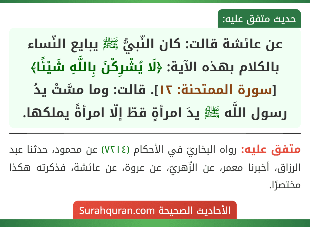 عن عائشة قالت: كان النّبيُّ ﷺ يبايع النّساء بالكلام بهذه الآية: ﴿لَا يُشْرِكْنَ بِاللَّهِ شَيْئًا﴾ [سورة الممتحنة: ١٢]. قالت: وما مسَّتْ يدُ رسول اللَّه ﷺ يدَ امرأةٍ قطّ إلّا امرأةً يملكها.