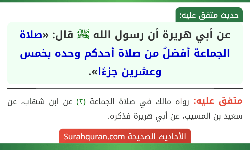 عن أبي هريرة أن رسول الله ﷺ قال: «صلاة الجماعة أفضلُ من صلاة أحدكم وحده بخمس وعشرين جزءًا».