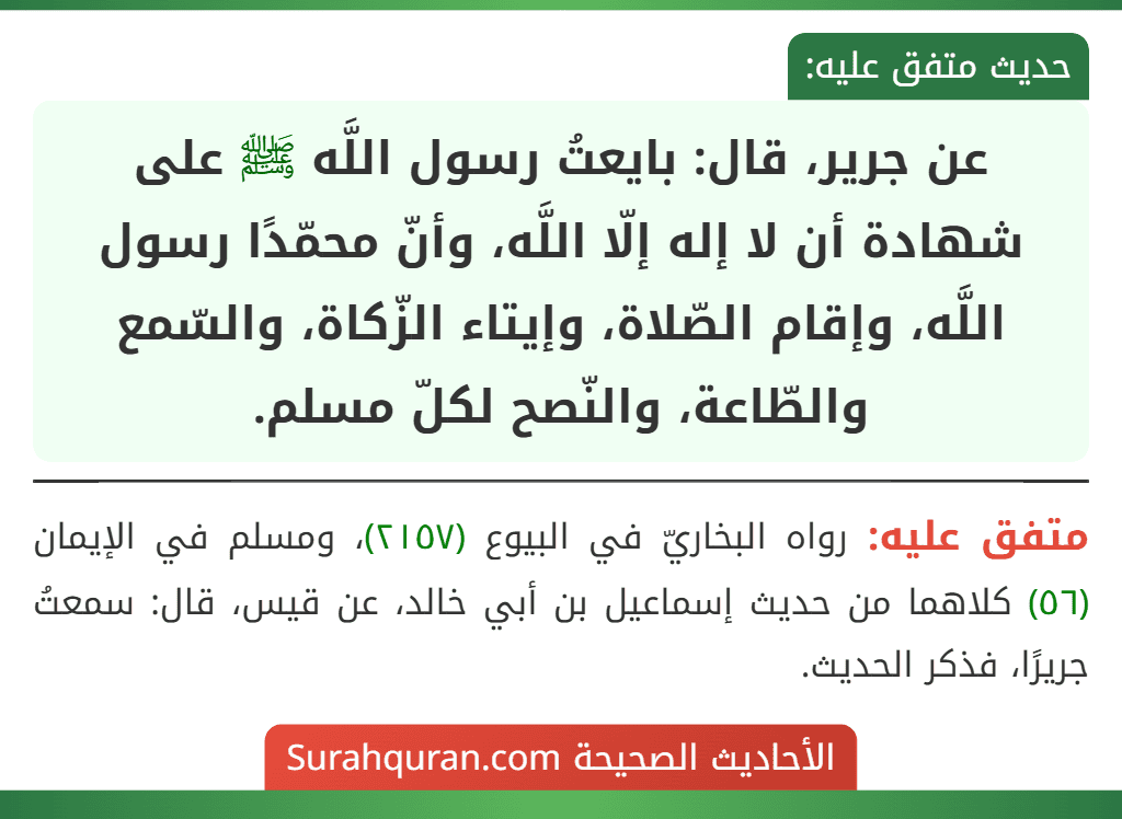 عن جرير، قال: بايعتُ رسول اللَّه ﷺ على شهادة أن لا إله إلّا اللَّه، وأنّ محمّدًا رسول اللَّه، وإقام الصّلاة، وإيتاء الزّكاة، والسّمع والطّاعة، والنّصح لكلّ مسلم.