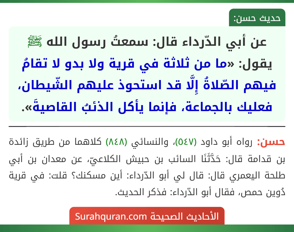 عن أبي الدّرداء قال: سمعتُ رسول الله ﷺ يقول: «ما من ثلاثة في قرية ولا بدو لا تقامُ فيهم الصّلاةُ إِلَّا قد استحوذ عليهم الشّيطان، فعليك بالجماعة، فإنما يأكل الذئبُ القاصيةَ».