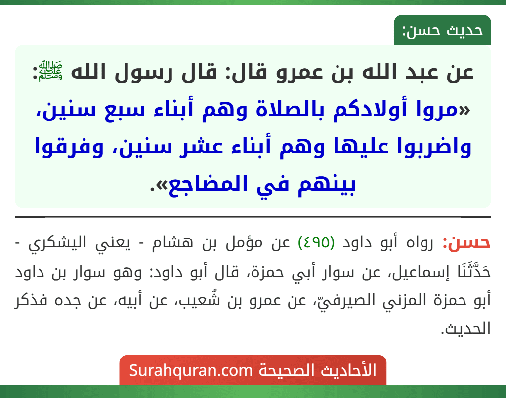 عن عبد الله بن عمرو قال: قال رسول الله ﷺ: «مروا أولادكم بالصلاة وهم أبناء سبع سنين، واضربوا عليها وهم أبناء عشر سنين، وفرقوا بينهم في المضاجع».
