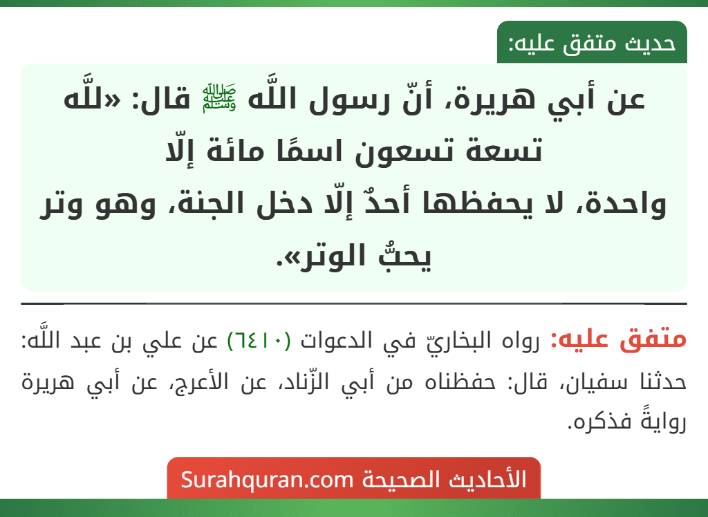 عن أبي هريرة، أنّ رسول اللَّه ﷺ قال: «للَّه تسعة تسعون اسمًا مائة إلّا واحدة، لا يحفظها أحدٌ إلّا دخل الجنة، وهو وتر يحبُّ الوتر».