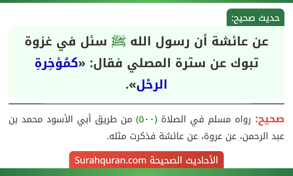 عن عائشة أن رسول الله ﷺ سئل في غزوة تبوك عن سترة المصلي فقال: «كمُؤخِرةِ الرحْل». عن عائشة أن رسول الله ﷺ سئل في غزوة تبوك عن سترة المصلي فقال: «كمُؤخِرةِ الرحْل».