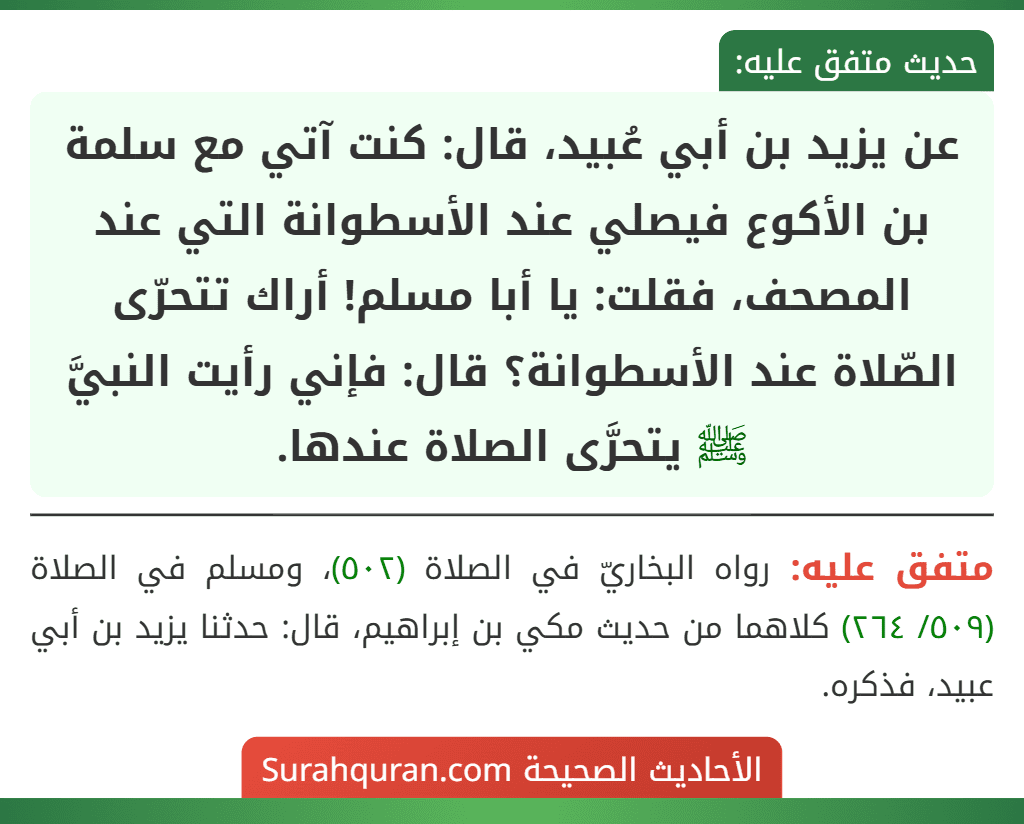 عن يزيد بن أبي عُبيد، قال: كنت آتي مع سلمة بن الأكوع فيصلي عند الأسطوانة التي عند المصحف، فقلت: يا أبا مسلم! أراك تتحرّى الصّلاة عند الأسطوانة؟ قال: فإني رأيت النبيَّ ﷺ يتحرَّى الصلاة عندها. عن يزيد بن أبي عُبيد، قال: كنت آتي مع سلمة بن الأكوع فيصلي عند الأسطوانة التي عند المصحف، فقلت: يا أبا مسلم! أراك تتحرّى الصّلاة عند الأسطوانة؟ قال: فإني رأيت النبيَّ ﷺ يتحرَّى الصلاة عندها.