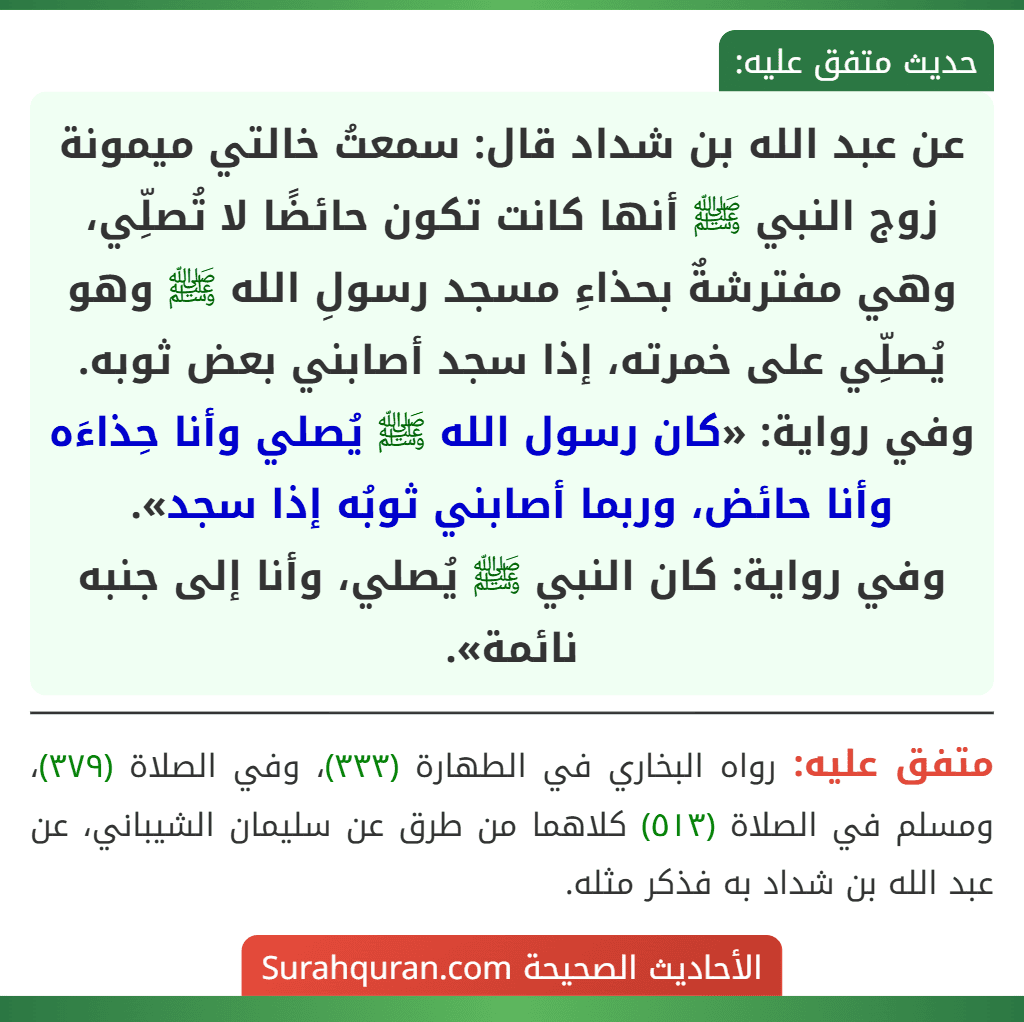 عن عبد الله بن شداد قال: سمعتُ خالتي ميمونة زوج النبي ﷺ أنها كانت تكون حائضًا لا تُصلِّي، وهي مفترشةٌ بحذاءِ مسجد رسولِ الله ﷺ وهو يُصلِّي على خمرته، إذا سجد أصابني بعض ثوبه.
وفي رواية: «كان رسول الله ﷺ يُصلي وأنا حِذاءَه وأنا حائض، وربما أصابني ثوبُه إذا سجد».
وفي رواية: كان النبي ﷺ يُصلي، وأنا إلى جنبه نائمة». عن عبد الله بن شداد قال: سمعتُ خالتي ميمونة زوج النبي ﷺ أنها كانت تكون حائضًا لا تُصلِّي، وهي مفترشةٌ بحذاءِ مسجد رسولِ الله ﷺ وهو يُصلِّي على خمرته، إذا سجد أصابني بعض ثوبه.
وفي رواية: «كان رسول الله ﷺ يُصلي وأنا حِذاءَه وأنا حائض، وربما أصابني ثوبُه إذا سجد».
وفي رواية: كان النبي ﷺ يُصلي، وأنا إلى جنبه نائمة».