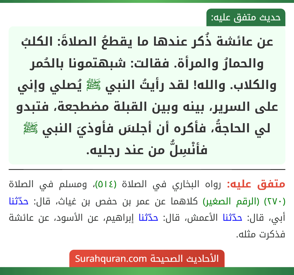 عن عائشة ذُكر عندها ما يقطعُ الصلاةَ: الكلبُ والحمارُ والمرأة. فقالت: شبهتمونا بالحُمر والكلاب. والله! لقد رأيتُ النبي ﷺ يُصلي وإني على السرير، بينه وبين القبلة مضطجعة، فتبدو لي الحاجةُ، فأكره أن أجلسَ فأوذيَ النبي ﷺ فأنْسِلُّ من عند رجليه. عن عائشة ذُكر عندها ما يقطعُ الصلاةَ: الكلبُ والحمارُ والمرأة. فقالت: شبهتمونا بالحُمر والكلاب. والله! لقد رأيتُ النبي ﷺ يُصلي وإني على السرير، بينه وبين القبلة مضطجعة، فتبدو لي الحاجةُ، فأكره أن أجلسَ فأوذيَ النبي ﷺ فأنْسِلُّ من عند رجليه.