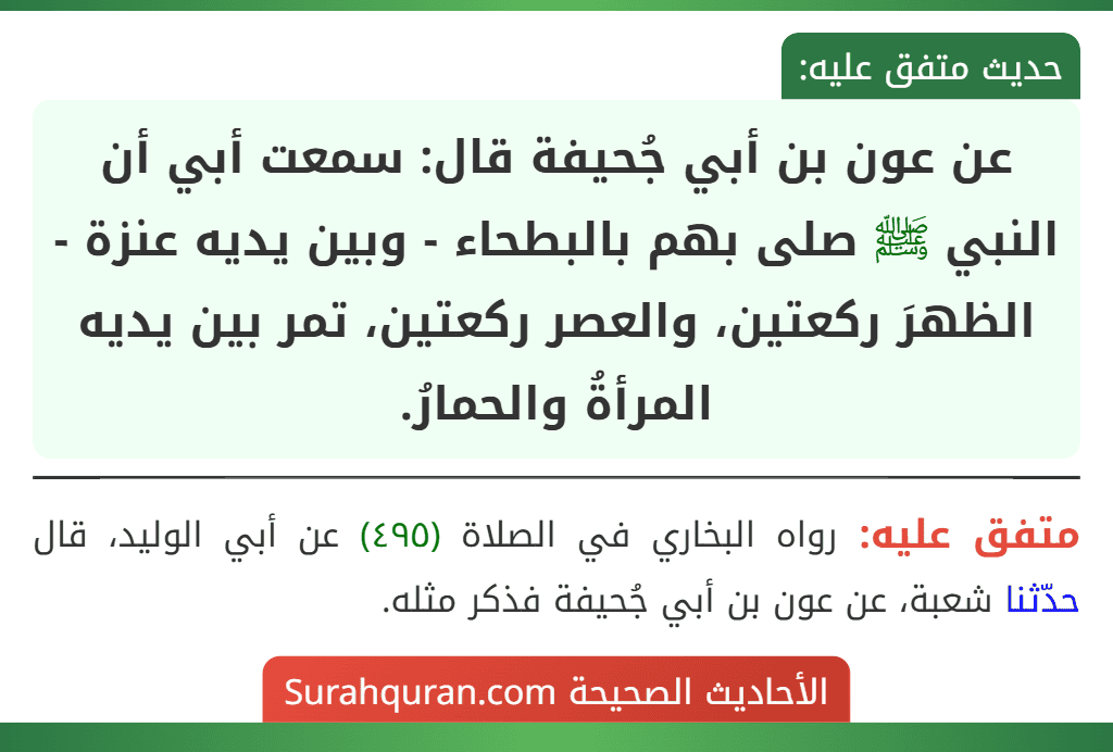 عن عون بن أبي جُحيفة قال: سمعت أبي أن النبي ﷺ صلى بهم بالبطحاء - وبين يديه عنزة - الظهرَ ركعتين، والعصر ركعتين، تمر بين يديه المرأةُ والحمارُ. عن عون بن أبي جُحيفة قال: سمعت أبي أن النبي ﷺ صلى بهم بالبطحاء - وبين يديه عنزة - الظهرَ ركعتين، والعصر ركعتين، تمر بين يديه المرأةُ والحمارُ.