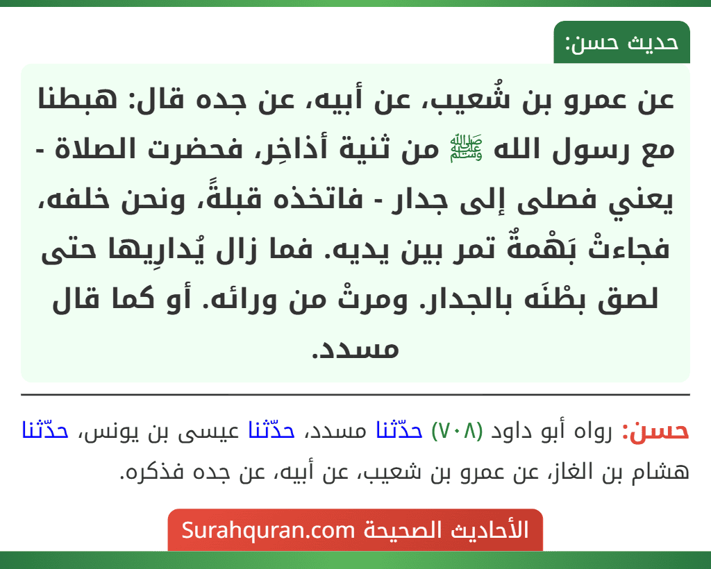 عن عمرو بن شُعيب، عن أبيه، عن جده قال: هبطنا مع رسول الله ﷺ من ثنية أذاخِر، فحضرت الصلاة - يعني فصلى إلى جدار - فاتخذه قبلةً، ونحن خلفه، فجاءتْ بَهْمةٌ تمر بين يديه. فما زال يُدارِيها حتى لصق بطْنَه بالجدار. ومرتْ من ورائه. أو كما قال مسدد. عن عمرو بن شُعيب، عن أبيه، عن جده قال: هبطنا مع رسول الله ﷺ من ثنية أذاخِر، فحضرت الصلاة - يعني فصلى إلى جدار - فاتخذه قبلةً، ونحن خلفه، فجاءتْ بَهْمةٌ تمر بين يديه. فما زال يُدارِيها حتى لصق بطْنَه بالجدار. ومرتْ من ورائه. أو كما قال مسدد.