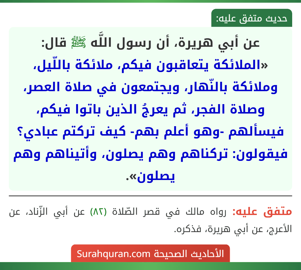 عن أبي هريرة، أن رسول اللَّه ﷺ قال: «الملائكة يتعاقبون فيكم، ملائكة باللّيل، وملائكة بالنّهار، ويجتمعون في صلاة العصر، وصلاة الفجر، ثم يعرجُ الذين باتوا فيكم، فيسألهم -وهو أعلم بهم- كيف تركتم عبادي؟ فيقولون: تركناهم وهم يصلون، وأتيناهم وهم يصلون».