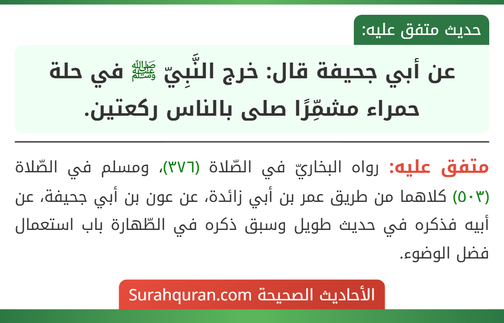 عن أبي جحيفة قال: خرج النَّبِيّ ﷺ في حلة حمراء مشمِّرًا صلى بالناس ركعتين. عن أبي جحيفة قال: خرج النَّبِيّ ﷺ في حلة حمراء مشمِّرًا صلى بالناس ركعتين.
