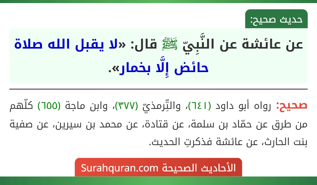عن عائشة عن النَّبِيّ ﷺ قال: «لا يقبل الله صلاة حائض إِلَّا بخمار». عن عائشة عن النَّبِيّ ﷺ قال: «لا يقبل الله صلاة حائض إِلَّا بخمار».
