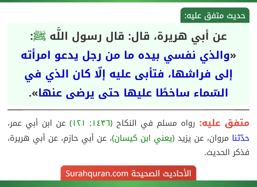 عن أبي هريرة، قال: قال رسول اللَّه ﷺ: «والذي نفسي بيده ما من رجل يدعو امرأته إلى فراشها، فتأبى عليه إلّا كان الذي في السّماء ساخطًا عليها حتى يرضى عنها».