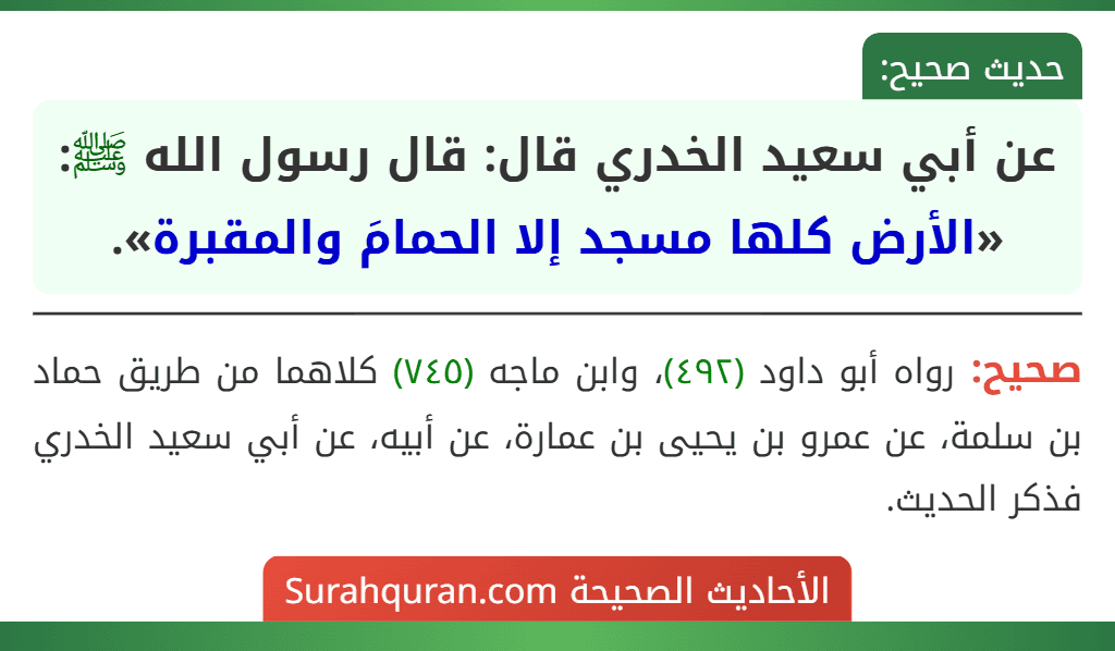 عن أبي سعيد الخدري قال: قال رسول الله ﷺ: «الأرض كلها مسجد إلا الحمامَ والمقبرة».