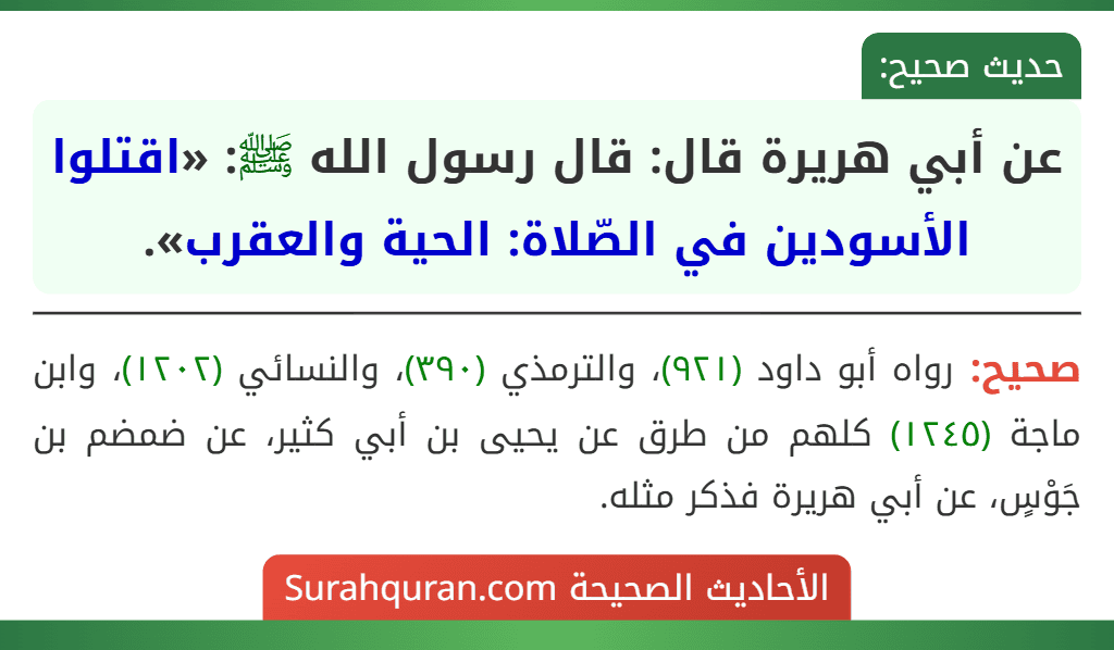 عن أبي هريرة قال: قال رسول الله ﷺ: «اقتلوا الأسودين في الصّلاة: الحية والعقرب».