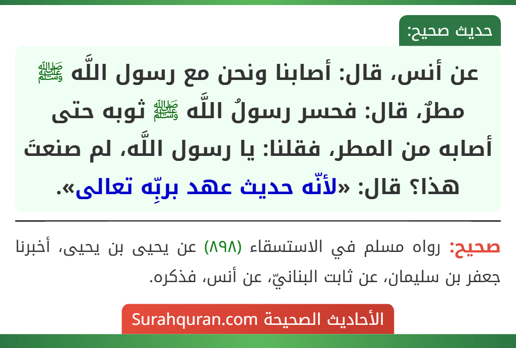 عن أنس، قال: أصابنا ونحن مع رسول اللَّه ﷺ مطرٌ، قال: فحسر رسولُ اللَّه ﷺ ثوبه حتى أصابه من المطر، فقلنا: يا رسول اللَّه، لم صنعتَ هذا؟ قال: «لأنّه حديث عهد بربِّه تعالى».