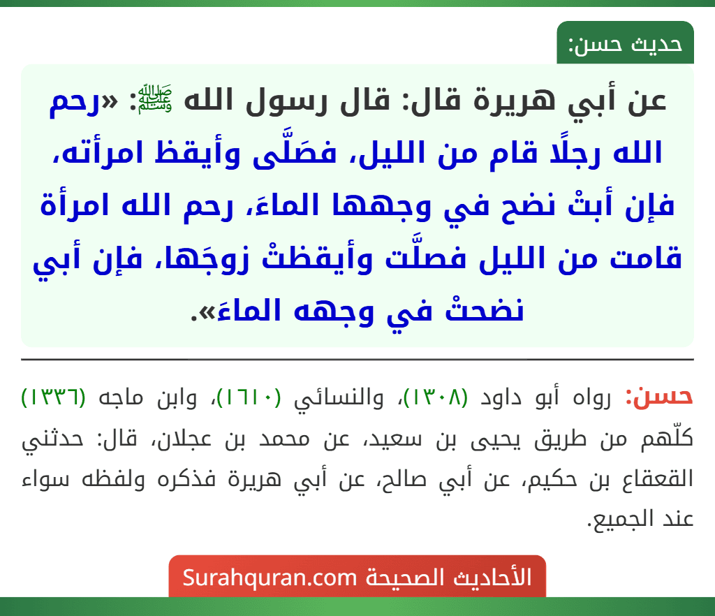 عن أبي هريرة قال: قال رسول الله ﷺ: «رحم الله رجلًا قام من الليل، فصَلَّى وأيقظ امرأته، فإن أبتْ نضح في وجهها الماءَ، رحم الله امرأة قامت من الليل فصلَّت وأيقظتْ زوجَها، فإن أبي نضحتْ في وجهه الماءَ».