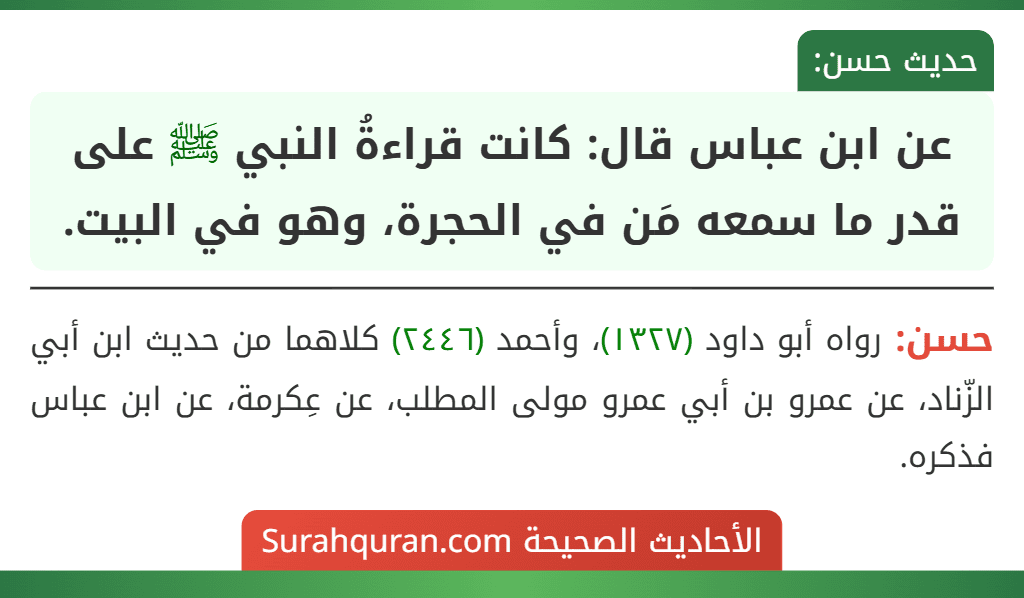 عن ابن عباس قال: كانت قراءةُ النبي ﷺ على قدر ما سمعه مَن في الحجرة، وهو في البيت.
