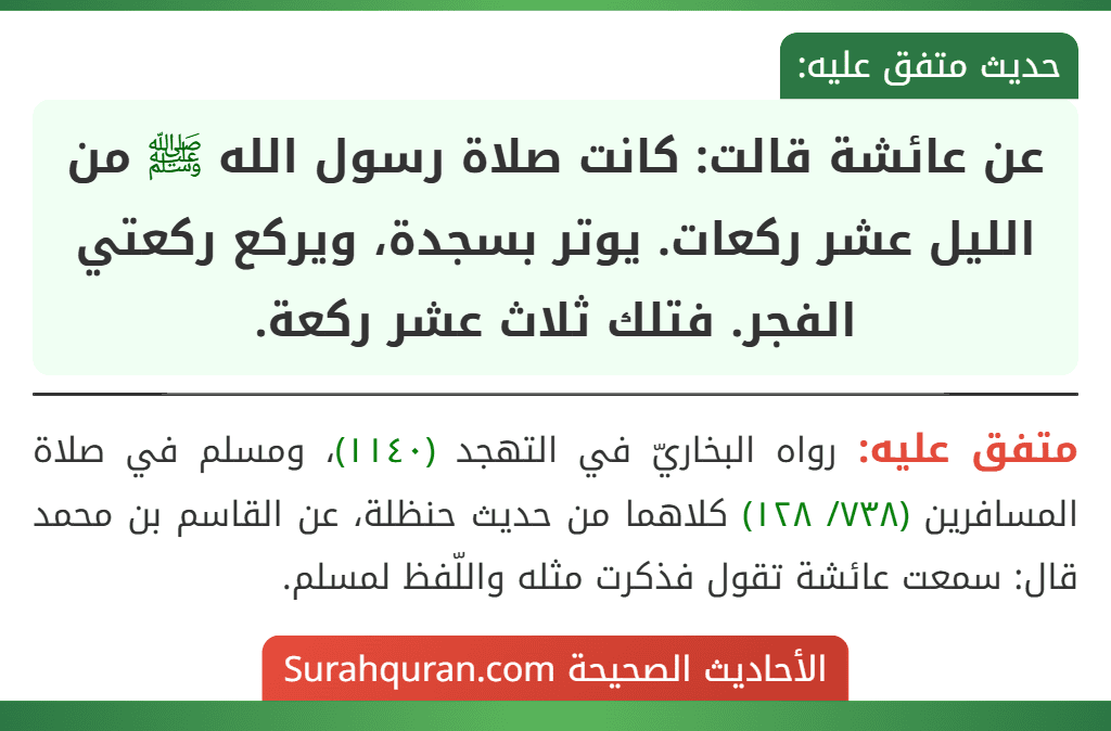 عن عائشة قالت: كانت صلاة رسول الله ﷺ من الليل عشر ركعات. يوتر بسجدة، ويركع ركعتي الفجر. فتلك ثلاث عشر ركعة.