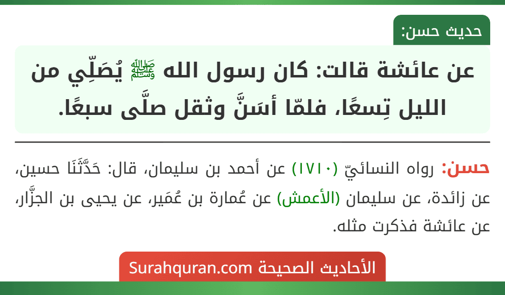 عن عائشة قالت: كان رسول الله ﷺ يُصَلِّي من الليل تِسعًا، فلمّا أسَنَّ وثقل صلَّى سبعًا.