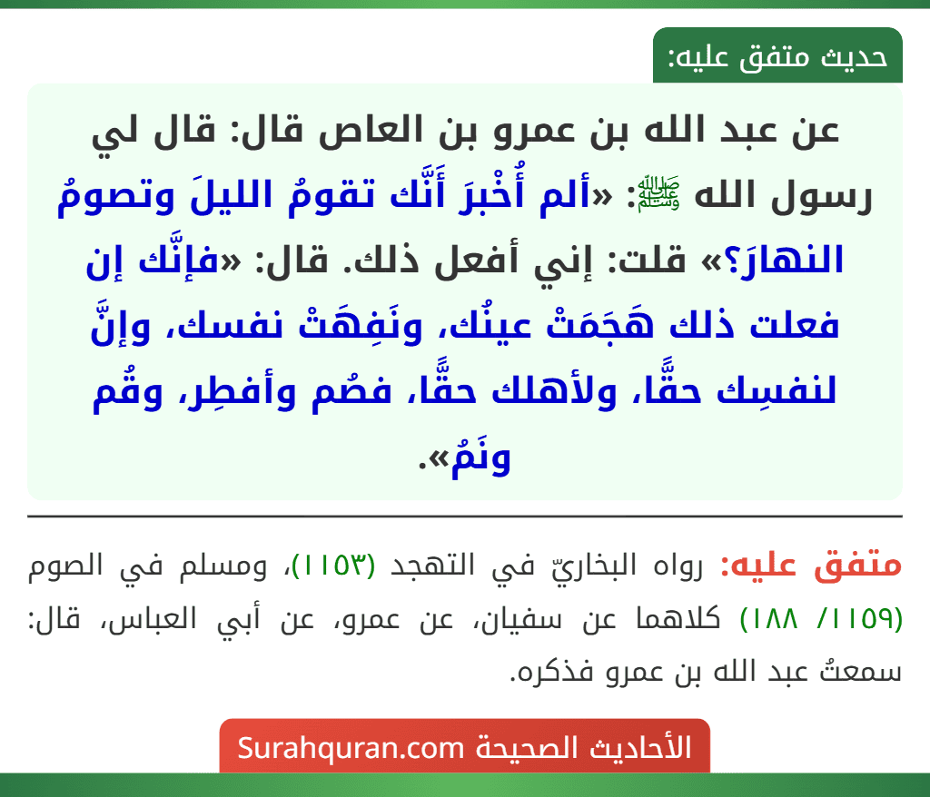 عن عبد الله بن عمرو بن العاص قال: قال لي رسول الله ﷺ: «ألم أُخْبرَ أَنَّك تقومُ الليلَ وتصومُ النهارَ؟» قلت: إني أفعل ذلك. قال: «فإنَّك إن فعلت ذلك هَجَمَتْ عينُك، ونَفِهَتْ نفسك، وإنَّ لنفسِك حقًّا، ولأهلك حقًّا، فصُم وأفطِر، وقُم ونَمُ».