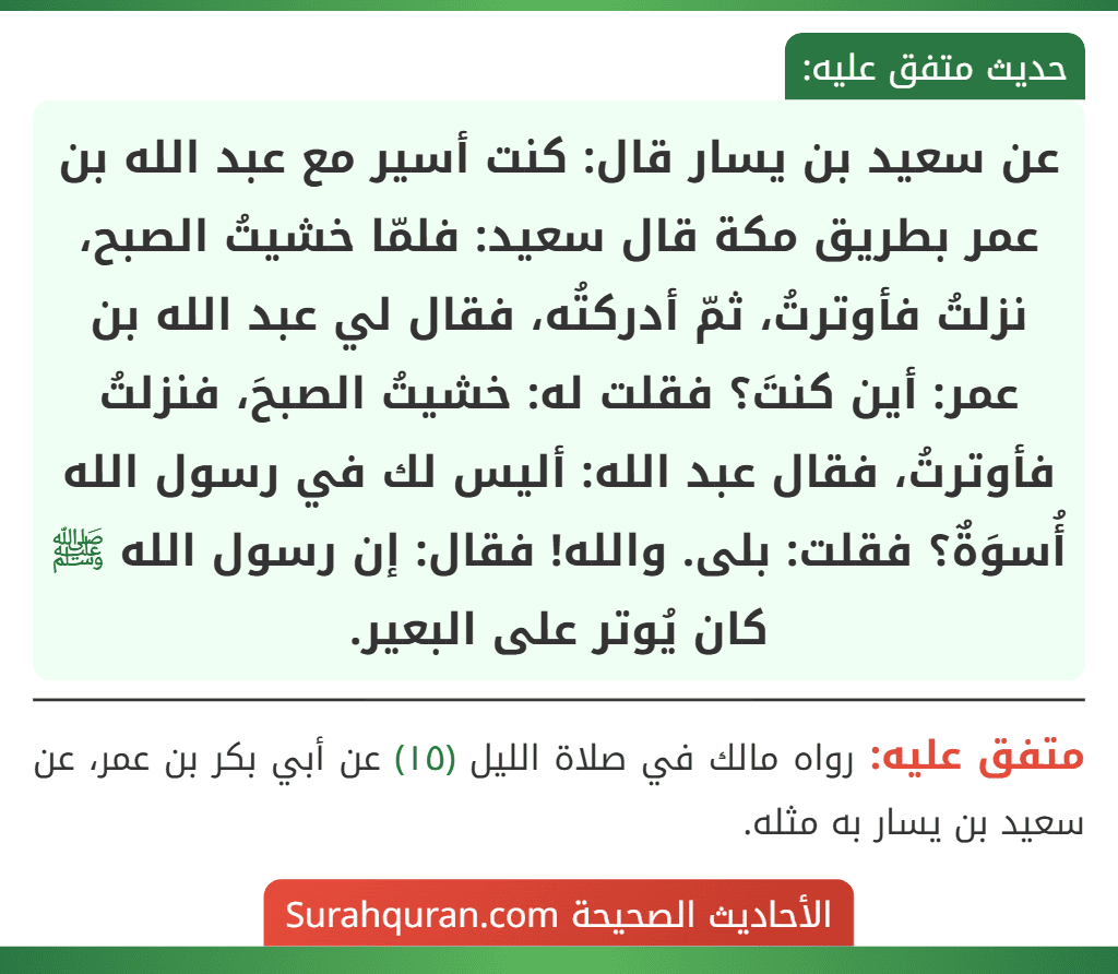 عن سعيد بن يسار قال: كنت أسير مع عبد الله بن عمر بطريق مكة قال سعيد: فلمّا خشيتُ الصبح، نزلتُ فأوترتُ، ثمّ أدركتُه، فقال لي عبد الله بن عمر: أين كنتَ؟ فقلت له: خشيتُ الصبحَ، فنزلتُ فأوترتُ، فقال عبد الله: أليس لك في رسول الله أُسوَةٌ؟ فقلت: بلى. والله! فقال: إن رسول الله ﷺ كان يُوتر على البعير.