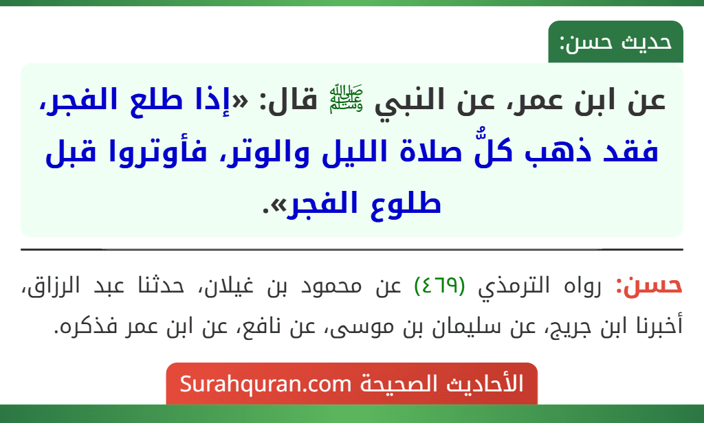 عن ابن عمر، عن النبي ﷺ قال: «إذا طلع الفجر، فقد ذهب كلُّ صلاة الليل والوتر، فأوتروا قبل طلوع الفجر».