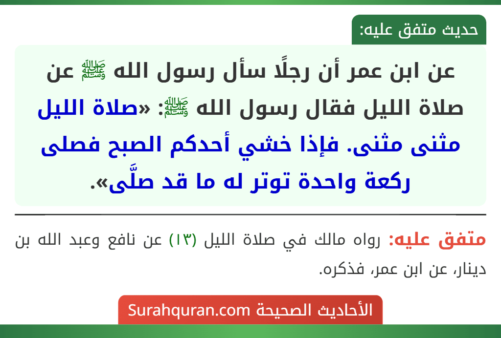 عن ابن عمر أن رجلًا سأل رسول الله ﷺ عن صلاة الليل فقال رسول الله ﷺ: «صلاة الليل مثنى مثنى. فإذا خشي أحدكم الصبح فصلى ركعة واحدة توتر له ما قد صلَّى».