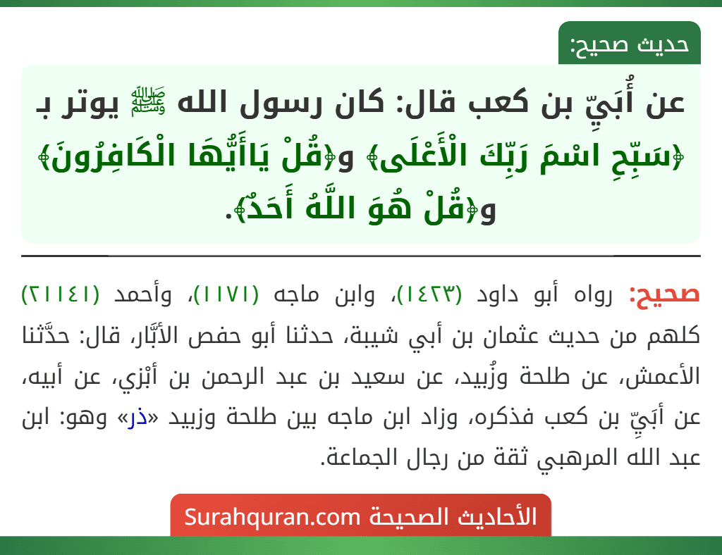 عن أُبَيِّ بن كعب قال: كان رسول الله ﷺ يوتر بـ ﴿سَبِّحِ اسْمَ رَبِّكَ الْأَعْلَى﴾ و﴿قُلْ يَاأَيُّهَا الْكَافِرُونَ﴾ و﴿قُلْ هُوَ اللَّهُ أَحَدٌ﴾.