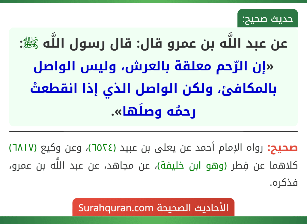 عن عبد اللَّه بن عمرو قال: قال رسول اللَّه ﷺ: «إن الرّحم معلقة بالعرش، وليس الواصل بالمكافئ، ولكن الواصل الذي إذا انقطعتْ رحمُه وصلَها».