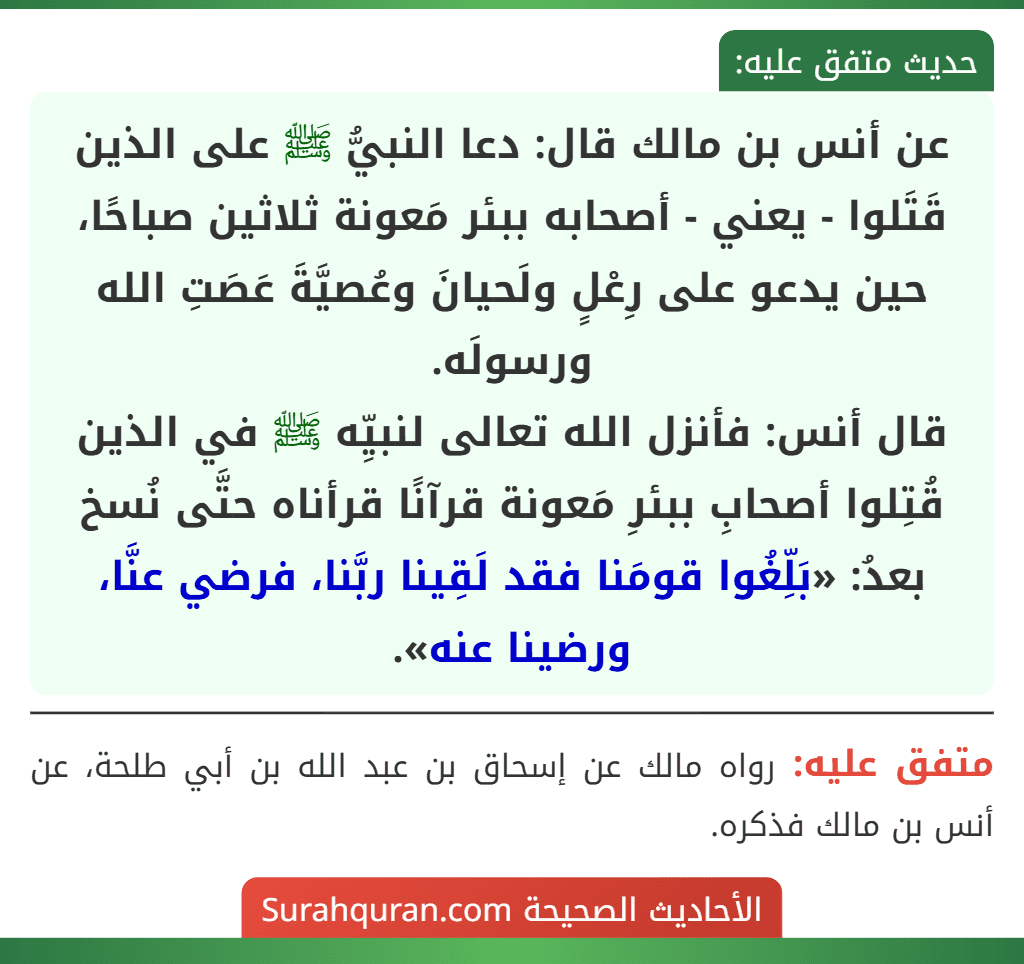 عن أنس بن مالك قال: دعا النبيُّ ﷺ على الذين قَتَلوا - يعني - أصحابه ببئر مَعونة ثلاثين صباحًا، حين يدعو على رِعْلٍ ولَحيانَ وعُصيَّةَ عَصَتِ الله ورسولَه.
قال أنس: فأنزل الله تعالى لنبيِّه ﷺ في الذين قُتِلوا أصحابِ ببئرِ مَعونة قرآنًا قرأناه حتَّى نُسخ بعدُ: «بَلِّغُوا قومَنا فقد لَقِينا ربَّنا، فرضي عنَّا، ورضينا عنه».