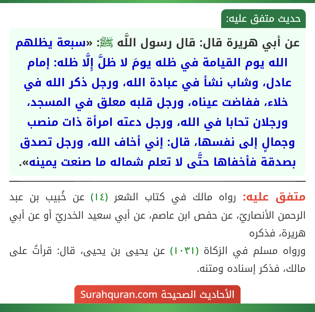عن أبي هريرة قال: قال رسول اللَّه ﷺ: «سبعة يظلهم الله يوم القيامة في ظله يومَ لا ظلَّ إِلَّا ظله: إمام عادل، وشاب نشأ في عبادة الله، ورجل ذكر الله في خلاء، ففاضت عيناه، ورجل قلبه معلق في المسجد، ورجلان تحابا في الله، ورجل دعته امرأة ذات منصب وجمالٍ إلى نفسها، قال: إني أخاف الله، ورجل تصدق بصدقة فأخفاها حتَّى لا تعلم شماله ما صنعت يمينه». عن أبي هريرة قال: قال رسول اللَّه ﷺ: «سبعة يظلهم الله يوم القيامة في ظله يومَ لا ظلَّ إِلَّا ظله: إمام عادل، وشاب نشأ في عبادة الله، ورجل ذكر الله في خلاء، ففاضت عيناه، ورجل قلبه معلق في المسجد، ورجلان تحابا في الله، ورجل دعته امرأة ذات منصب وجمالٍ إلى نفسها، قال: إني أخاف الله، ورجل تصدق بصدقة فأخفاها حتَّى لا تعلم شماله ما صنعت يمينه».