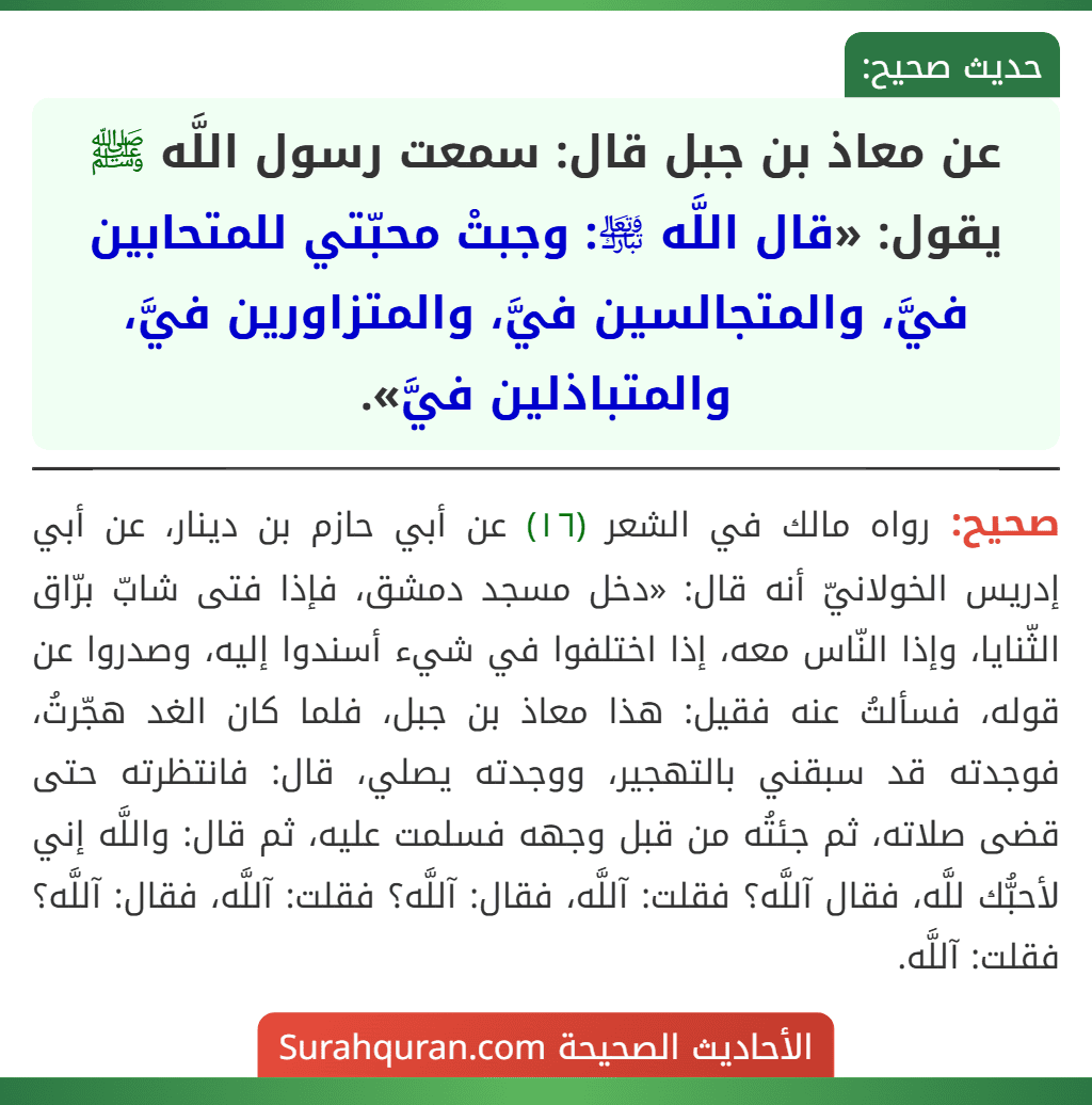 عن معاذ بن جبل قال: سمعت رسول اللَّه ﷺ يقول: «قال اللَّه ﵎: وجبتْ محبّتي للمتحابين فيَّ، والمتجالسين فيَّ، والمتزاورين فيَّ، والمتباذلين فيَّ».