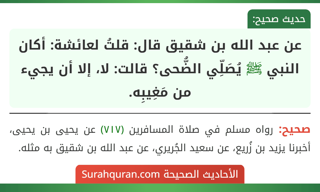 عن عبد الله بن شقيق قال: قلتُ لعائشة: أكان النبي ﷺ يُصَلِّي الضُّحى؟ قالت: لا، إلا أن يجيء من مَغِيبِه. عن عبد الله بن شقيق قال: قلتُ لعائشة: أكان النبي ﷺ يُصَلِّي الضُّحى؟ قالت: لا، إلا أن يجيء من مَغِيبِه.