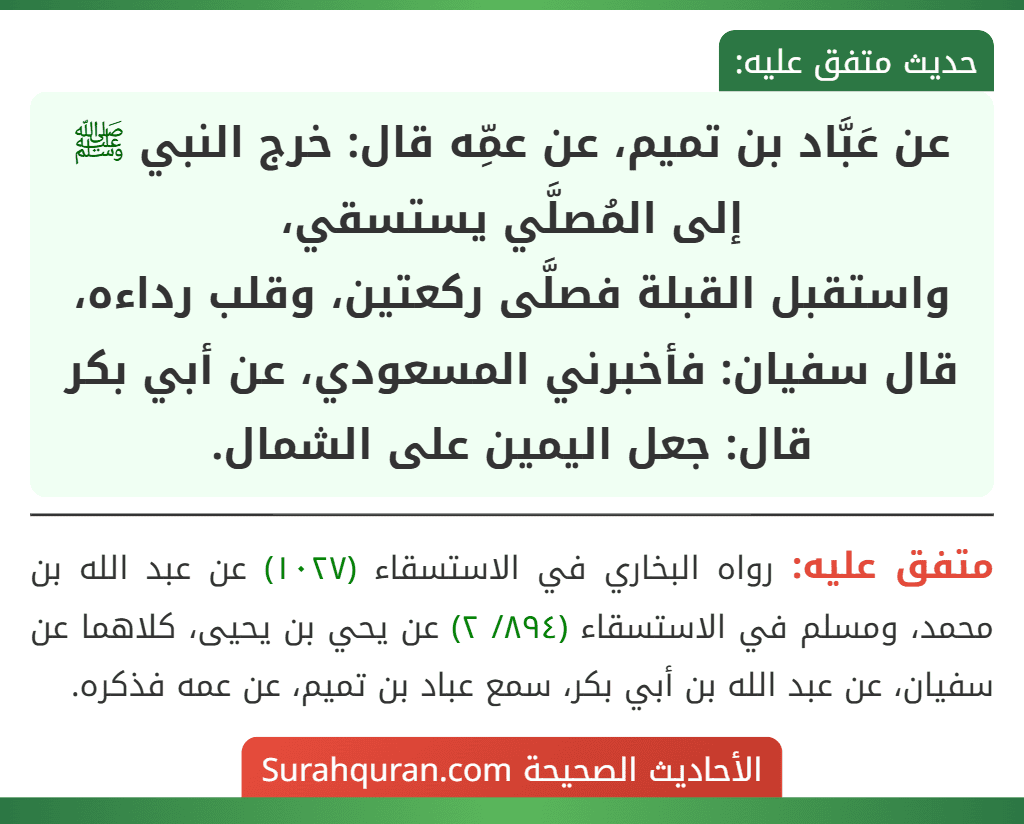عن عَبَّاد بن تميم، عن عمِّه قال: خرج النبي ﷺ إلى المُصلَّي يستسقي،
واستقبل القبلة فصلَّى ركعتين، وقلب رداءه، قال سفيان: فأخبرني المسعودي، عن أبي بكر قال: جعل اليمين على الشمال.