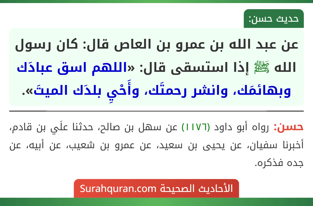 عن عبد الله بن عمرو بن العاص قال: كان رسول الله ﷺ إذا استسقى قال: «اللهم اسق عبادَك وبهائمَك، وانشر رحمتَك، وأَحْيِ بلدَك الميتَ».