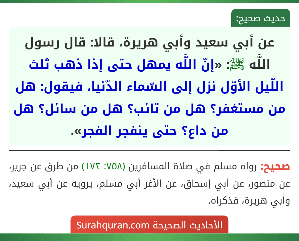 عن أبي سعيد وأبي هريرة، قالا: قال رسول اللَّه ﷺ: «إنّ اللَّه يمهل حتى إذا ذهب ثلث اللّيل الأوّل نزل إلى السّماء الدّنيا، فيقول: هل من مستغفر؟ هل من تائب؟ هل من سائل؟ هل من داع؟ حتى ينفجر الفجر».