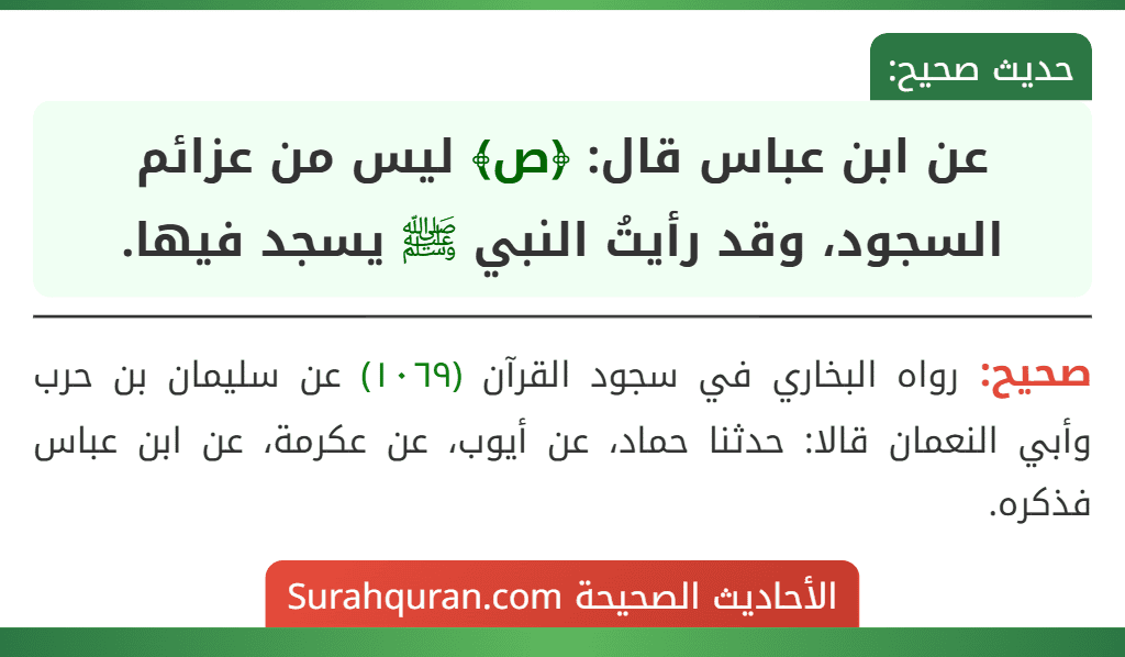 عن ابن عباس قال: ﴿ص﴾ ليس من عزائم السجود، وقد رأيتُ النبي ﷺ يسجد فيها.